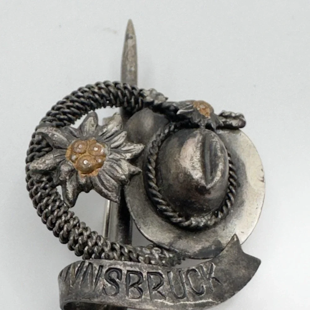 Vintage Innsbruck Austria Souvenir Brooch Edelweiss Hat Alpine Silver Tone 60s